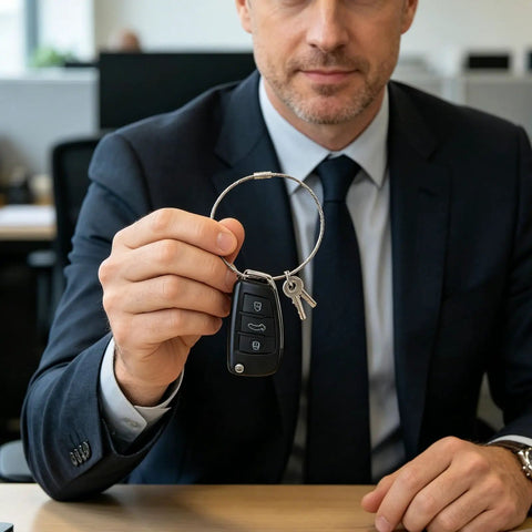 Man holding 20 Pack Stainless Steel Wire Keychain Cables 11.8 Inch With 2mm Twist Barrel Screw Lock Rings, showing attached car keys
