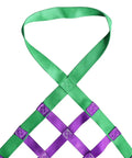Heavy Duty Nylon Cargo Lift Net Rock Solid Sling Rig For Flatbed Hauling And Construction Sites with green and purple straps.