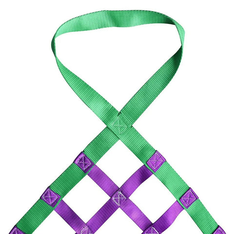 Heavy Duty Nylon Cargo Lift Net Rock Solid Sling Rig For Flatbed Hauling And Construction Sites with green and purple straps.