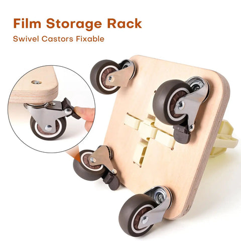 Portable Vinyl Roll Rack Stand With Lockable Caster Wheels For Mobile Car Wrap Material Rolls Media Decals Film Transfer Paper And Tape Holder Sign Shop Organization In A Heavy Duty Wood Frame With Plastic Core, shown with close-up of lockable swivel casters on wooden frame.