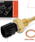 Front view of A-Premium 2-pin engine coolant temperature sensor; brass body, black connector, copper washer.