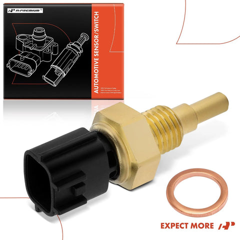 Front view of A-Premium 2-pin engine coolant temperature sensor; brass body, black connector, copper washer.