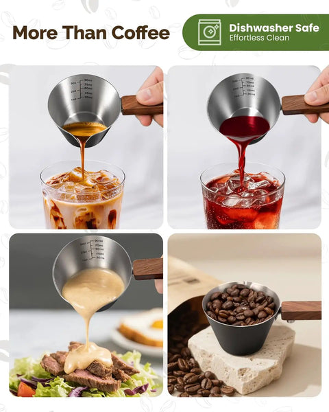 Stainless Steel Espresso Measuring Cup With Wide Mouth And V Shaped Pour Spout, Easy Grip Handle, used for various drinks and ingredients.