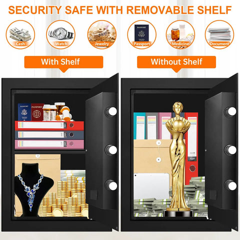 Large 3.4 CuFt Fireproof Safe Box For Home Digital Security Safe Waterproof With Programmable Keypad And Key Lock featuring removable shelf, shown with cash, documents, jewelry, and valuables.