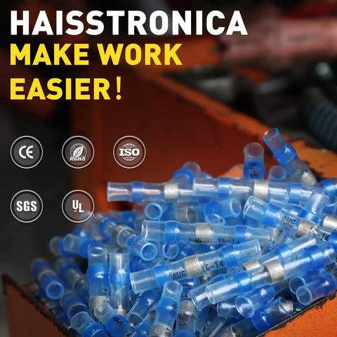 Pile of blue Heavy Duty Solder Seal Wire Connectors Kit With Heat Shrink Marine Grade in a workshop setting
