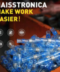 Pile of blue heat shrink butt connectors with certifications visible, labeled Haissstronica in a workshop setting.