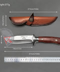 M390 Fixed Blade Hunting Knife With Wood Handle Full Tang Survival Knife Leather Sheath shown with measurements