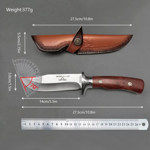 M390 Fixed Blade Hunting Knife With Wood Handle Full Tang Survival Knife Leather Sheath shown with measurements