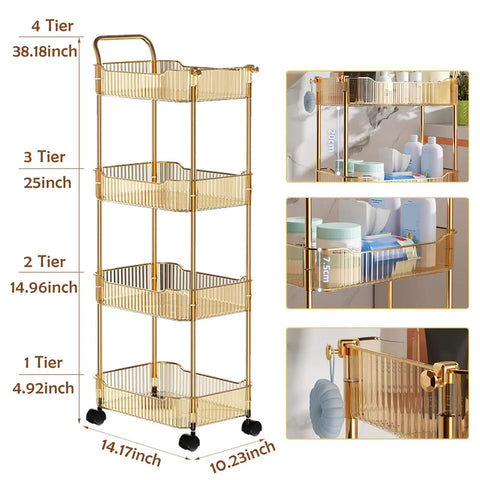 Sleek Clear Acrylic 2 Tier Rolling Utility Cart With Sturdy Handle And Smooth Lockable Wheels Compact Storage Trolley For Kitchen Bathroom Tight Spaces Easy Clutter Control Game Changer with four tiers and storage dimensions.