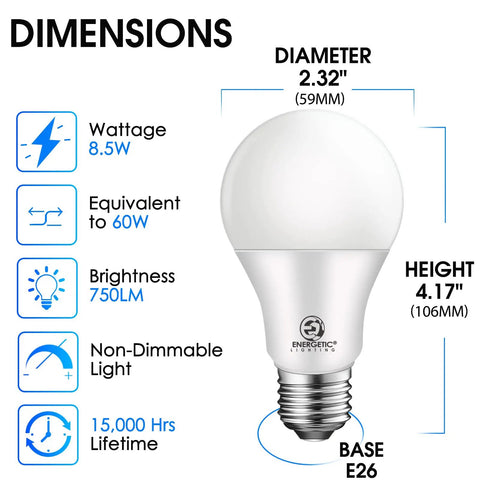 Dimensions of LED Light Bulbs 60 Watt Equivalent A19 Warm White 3000K E26 Base Non Dimmable 750 Lm UL Listed 16 Pack