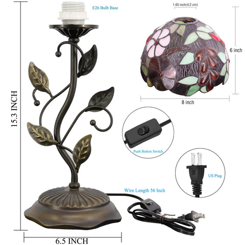 Small Tiffany Stained Glass Table Lamp With Uplight Accent, brown grape style shade, metal leaf base, power cord and plug