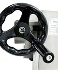 Heavy Duty Commercial Electric Dough Roller And Sheet Machine Features 2200W Motor For Uniform Pizza Base Baking Sprocket Drive Pressing System close-up of black crank handle.