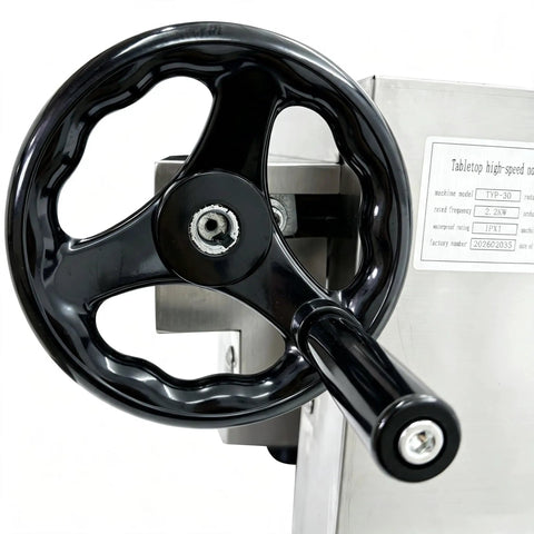 Heavy Duty Commercial Electric Dough Roller And Sheet Machine Features 2200W Motor For Uniform Pizza Base Baking Sprocket Drive Pressing System close-up of black crank handle.