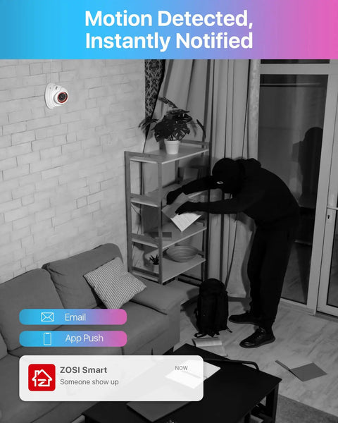4K PoE Security Camera System With 2TB HDD captures motion alert of intruder in home, shown on smartphone app notification.