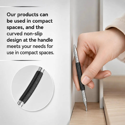 Pro Quality Two Piece Nail Setter Kit Featuring Dual End Spring Loaded Center Punch Tools Tough As Nails Construction Pocket Ready Design Perfect For Fine Carpentry And Deck Projects in use, showing compact design and curved handle.