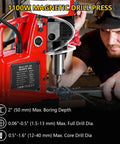 Heavy Duty Magnetic Drill Press With Powerful 1550W Motor For Metal Surface Applications Portable Electric Drilling Machine Featuring 2922 Lbff Holding Force And 500 Prm Speed Includes 11 Pcs Drill Bits Ideal For Industrial And Home Use To Get The Job close-up of 1100W electric drill showing specifications for maximum boring and drill diameters.