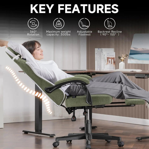 All Day Comfort Fabric Gaming Chair Built For Long Gaming Sessions With Pocket Spring Cushion in green, reclined position