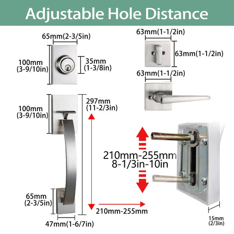 Modish Satin Nickel Front Door Entry Handleset With Deadbolt And Keyed Entry, Adjustable Backset measurement details