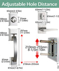 Front Entry Door Handleset With Keyed And Dummy Handleset Satin Nickel Adjustable Backset 60mm Or 70mm Movable Hole Position Fits Most US Standard Doors For Hole Centers About Eight And One Third Inches Easy Install showing adjustable hole distances and dimensions in inches and millimeters with latching detail.