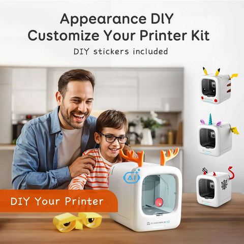 Kids AI Powered 3D Printer Fully Assembled With Auto Leveling And Up To 400 MM Per Sec Speed, customizable with DIY stickers in home setting.