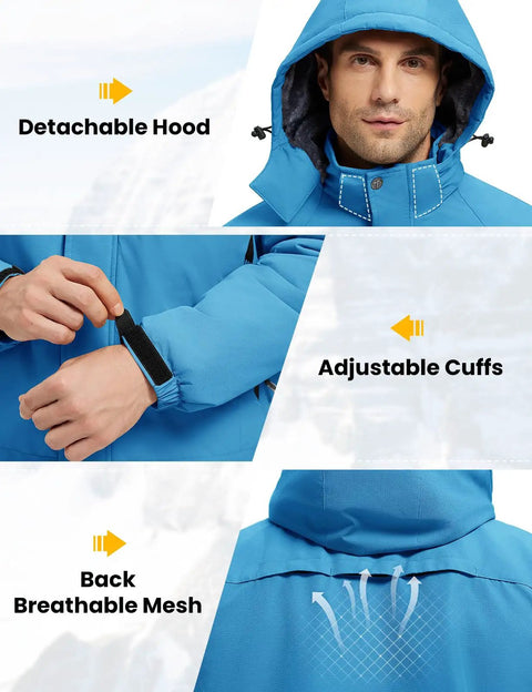 Men's Ski Snow Jacket Waterproof Insulated Coat With Fleece Hood Weatherproof Winter Mountain Outerwear For Outdoors Blue Large