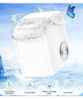 Hella Portable Countertop Ice Maker Churns Soft Chewable Pebble Ice Up To 34 Lbs A Day showing ice reservoir and water flow design.
