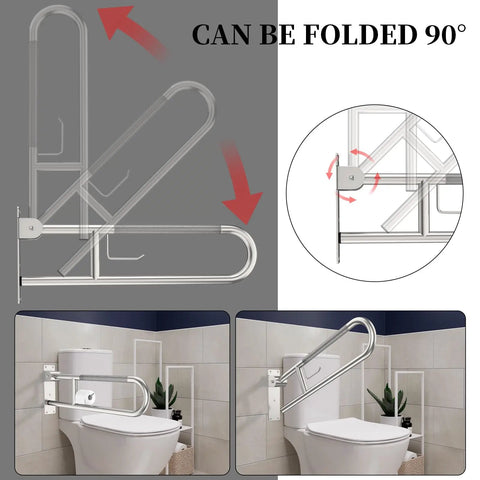 Built Like A Tank 32 Inch Toilet Grab Bar Featuring Anti Slip Brushed Nickel Finish, shown in folded position.