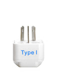 All In One Universal Travel Adapter Plug Kit With Grounded Safety For Worldwide Use, Type I plug displayed in white plastic