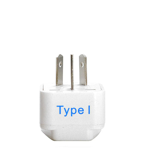 All In One Universal Travel Adapter Plug Kit With Grounded Safety For Worldwide Use, Type I plug displayed in white plastic