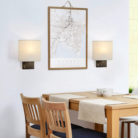 Bedside Wall Lamp Set Of 2 With Plug-In Cord, Modern Sconces with Dual USB and AC Outlet mounted above dining table