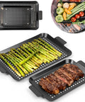 Two Pack Grill Topper For Outdoor Grill Nonstick Enamel Coated Carbon Steel Durable Grill Pan Set with steak and asparagus