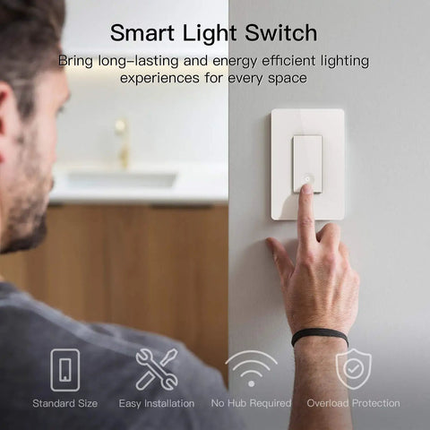 Person using smart light switch, modern kitchen background, 4 Pack Smart Light Switch 2.4GHz WiFi Single Pole Neutral Wire Required Works With Alexa Google Home SmartThings Remote Control FCC Listed Easy Install.