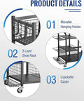 Product details of garage ready golf bag storage rack with hooks, shoe rack, and lockable caster; organizer for 3 bags and accessories.