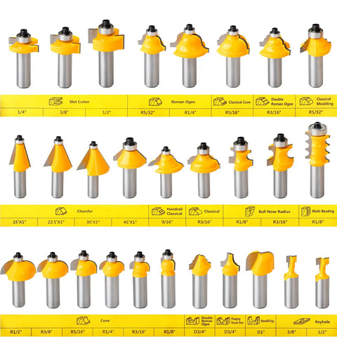 70 Piece One Half Inch Shank Tungsten Carbide Router Bit Set displayed in rows showing various shapes and sizes for wood and metal.
