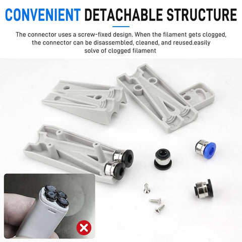 Solid Performer 4 In 1 PTFE Adapter Built For Bambu Lab, parts shown including grey ABS connectors and quick release fittings.