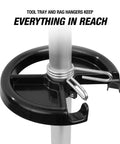 Close-up of tool tray and rag hangers on 9 Gallon Oil Drain Pan With 17 Inch Funnel, Adjustable Height From 32 To 62 Inches