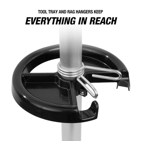 Close-up of tool tray and rag hangers on 9 Gallon Oil Drain Pan With 17 Inch Funnel, Adjustable Height From 32 To 62 Inches