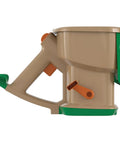 Side view of Hand Powered Lawn Spreader For Grass Seed Fertilizer Salt Ice Melt With Adjustable Arm Support Easy Grip