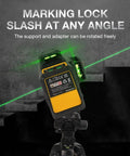 Pro Grade 3X360 Degree Self Leveling Laser Level Featuring Bright Green Cross Lines shown on a tripod with beams directed at an angle.