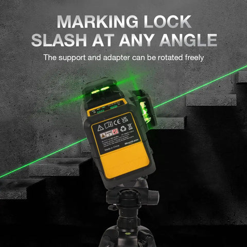 Pro Grade 3X360 Degree Self Leveling Laser Level Featuring Bright Green Cross Lines shown on a tripod with beams directed at an angle.