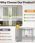 Comparison of USFOOK heavy duty telescoping 1 inch curtain rod extends from 72 to 144 inches with silver decorative translucent finials highlighting fewer sections, easy installation, and durability against competitors.