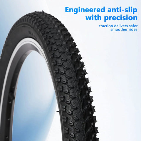 Close-up of Two Mountain Bike Tires And Tubes Set With 20x1.95 Tire showing tread pattern for anti-slip precision
