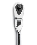 Half Inch Drive 84 Tooth Locking Flex Head Teardrop Ratchet, 17 Inch Length, Enclosed Head, Chrome Finish, Flush Mounted On Off Switch