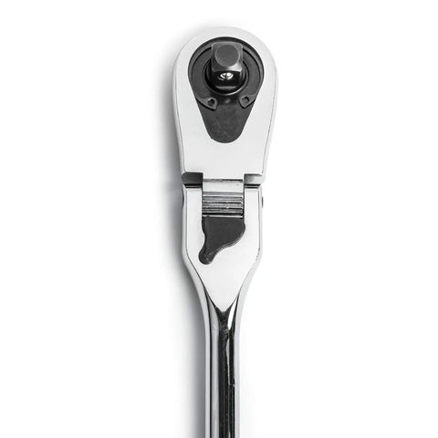3/8 Inch Drive 84-Tooth Locking Flex Head Teardrop Ratchet, 11-1/2 Inch Handle, chrome finish, enclosed head close-up