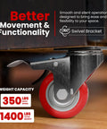 Four Pack Five Inch Red Polyurethane Swivel Caster Wheels With Kickass Integrated Locking Plate Brake For Hella Smooth Cart Rolls And Top Shelf Project Upgrades Daily close-up of a red caster wheel with a swivel bracket.
