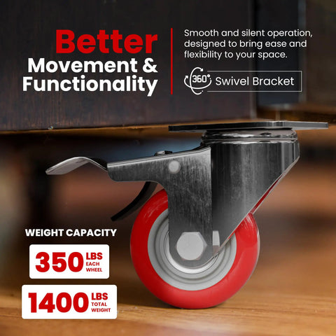 Four Pack Five Inch Red Polyurethane Swivel Caster Wheels With Kickass Integrated Locking Plate Brake For Hella Smooth Cart Rolls And Top Shelf Project Upgrades Daily close-up of a red caster wheel with a swivel bracket.