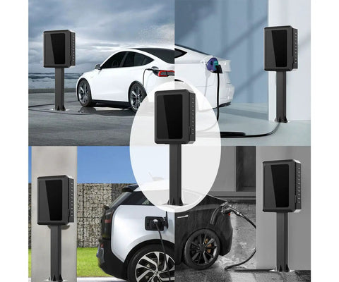 Slick Heavy-Duty EV Charger Enclosure With Pedestal Post displayed outdoors, rugged black case secured against elements for electric vehicle use.