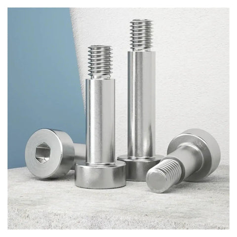 Close-up of Heavy Duty Hex Socket Cap Head Roller Shoulder Screws Set in 304 Stainless Steel M2.5 to M12, 45mm length, five pack.