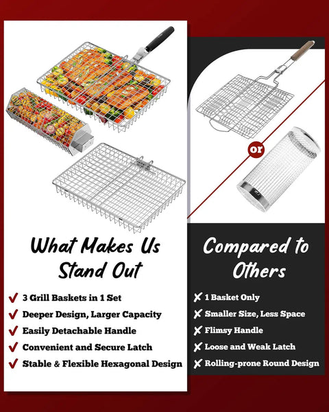 Three Piece Grill Basket Set with Removable Handles Stainless Steel Grilling Baskets and comparison chart