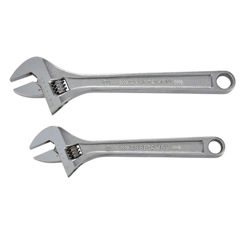 Adjustable Wrench Set, Two Piece All Steel With Wide Jaw Openings, Corrosion Resistant Chrome Finish, Quick Size Markings shown